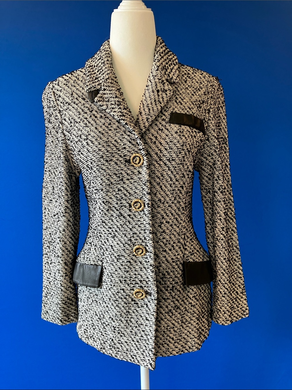 St. John Black and White Tweed Blazer with Leather Trim Accents